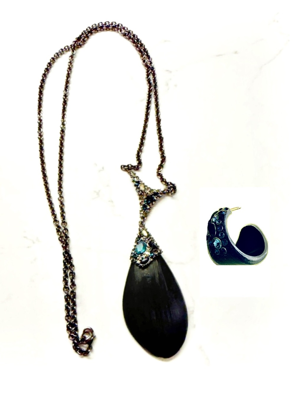 Alexis Bittar Black Lucite, Crystal Pendant Necklace and matching earrings